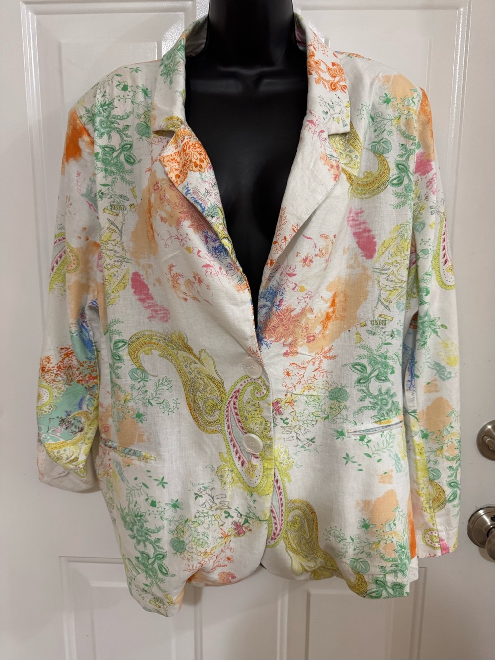 White Multicolor Paisley Linen-Blend Blazer